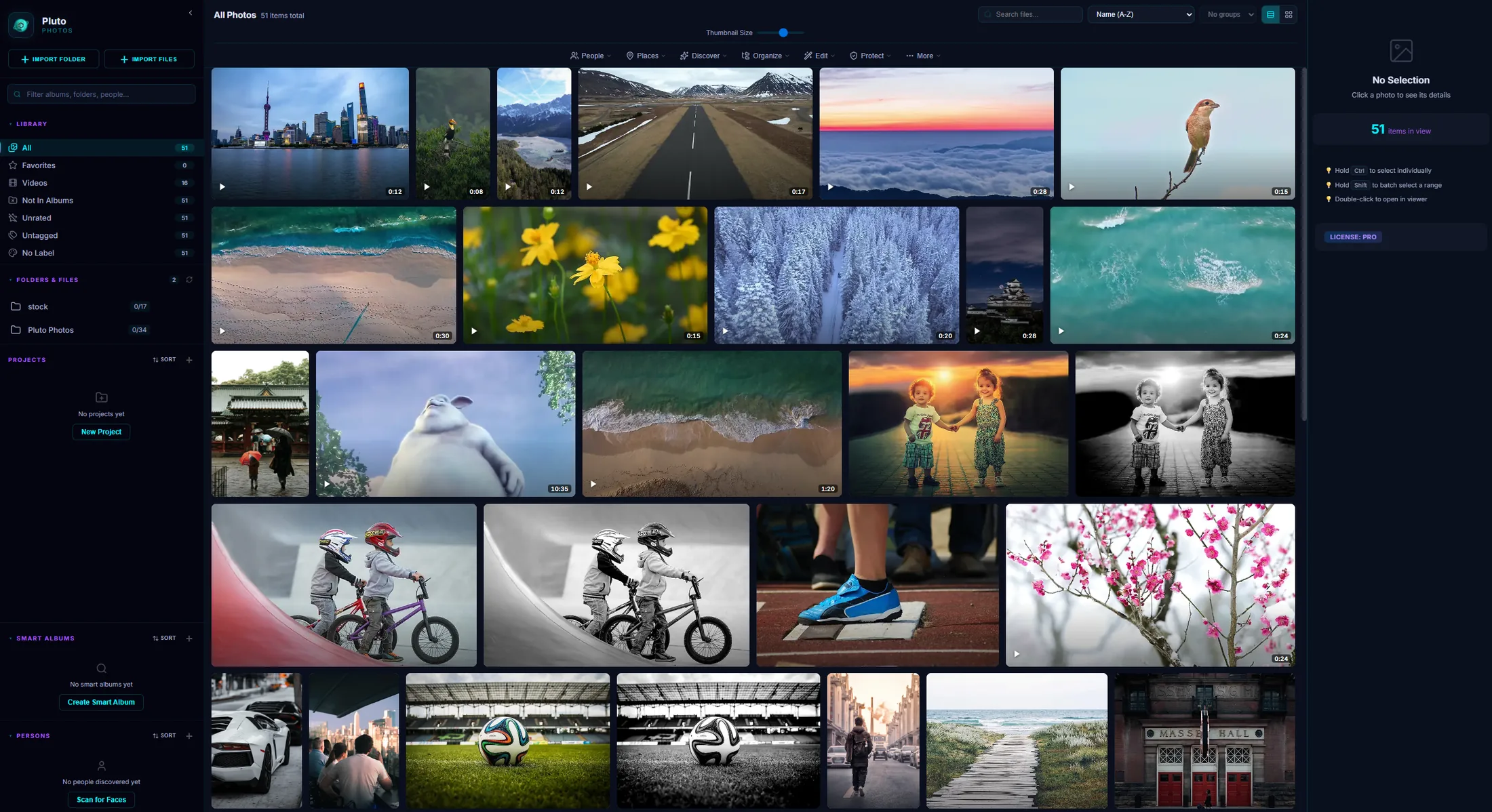 Pluto Photos: desktop photo organizer showing AI face detection, smart albums, and photo library interface